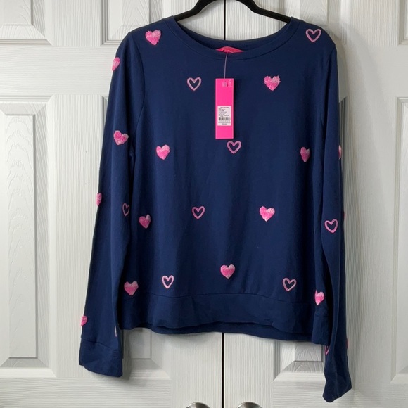 Lilly Pulitzer Tops - Lilly Pulitzer Rami Navy Sweatshirt Wild Hearts Embroidered Size L
